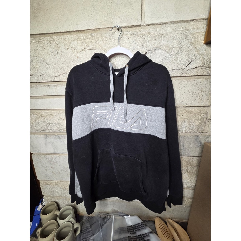 Fila Mens Colorblock Embroidered Logo Hoodie Black Grey‎ Large Sweatshirt 0926